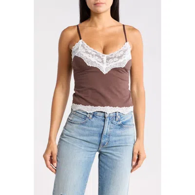 Vigoss Lace-trimmed Knit Cami In Brown/ Creme