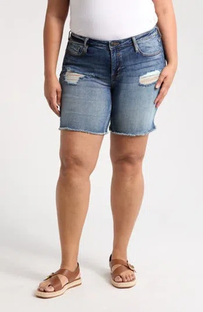 Vigoss Marley Frayed Ripped Mid Thigh Denim Shorts In Med Wash