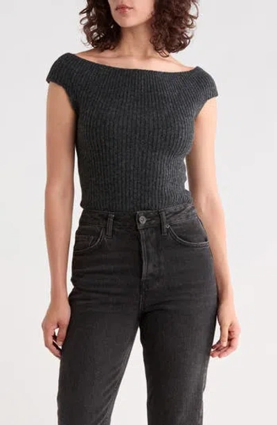 Vigoss Off The Shoulder Ribbed Sweater Top In Charcoal Grey