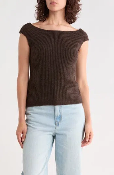 Vigoss Off The Shoulder Ribbed Sweater Top In Chocolate