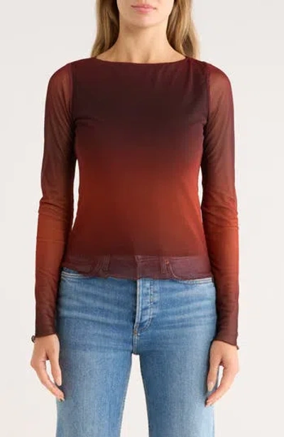 Vigoss Ombré Long Sleeve Mesh Top In Burgundy
