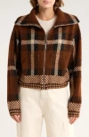 Vigoss Plaid Sweater Bomber Jacket In Brown