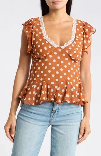 Vigoss Polka Dot Ruffled Peplum Top In Brown