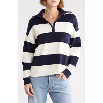 Vigoss Rugby Stripe Quarter Zip Sweater In Navy/ Creme
