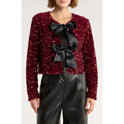 Vigoss Satin Bow Sequin Jacket In Burgundy