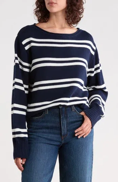 Vigoss Stripe Boat Neck Crop Sweater In Blue