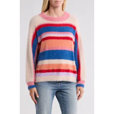 Vigoss Stripe Hair Yarn Crewneck Sweater In Creme Multi