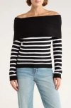 Vigoss Stripe Off The Shoulder Long Sleeve Sweater In Black