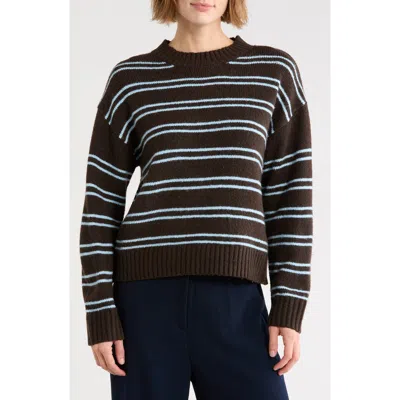 Vigoss Striped Lightweight Crewneck Sweater In Dk Choc/ Baby Blue