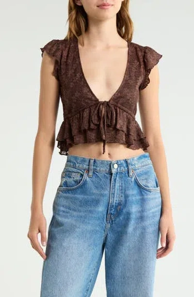Vigoss Tiered Lace Tie Front Top In Animal Print