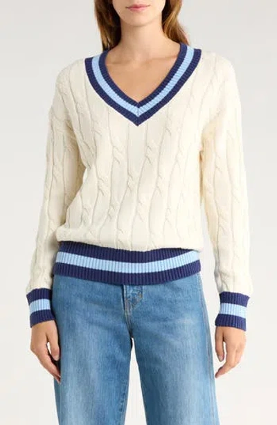 Vigoss Tipped V-neck Cable Stitch Sweater In Blue