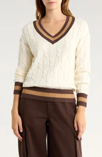 Vigoss Tipped V-neck Cable Stitch Sweater In Brown