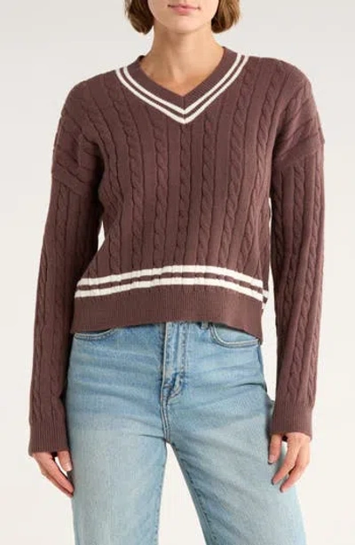 Vigoss V-neck Cable Stitch Sweater In Brown