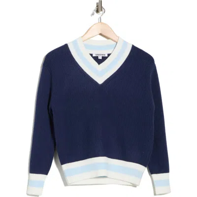 Vigoss Varsity Stripe V-neck Sweater In Blue