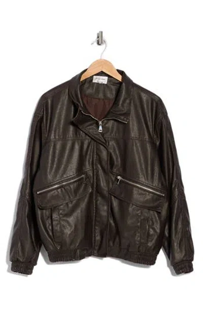 Vigoss Washed Faux Leather Dad Bomber Jacket In Brown
