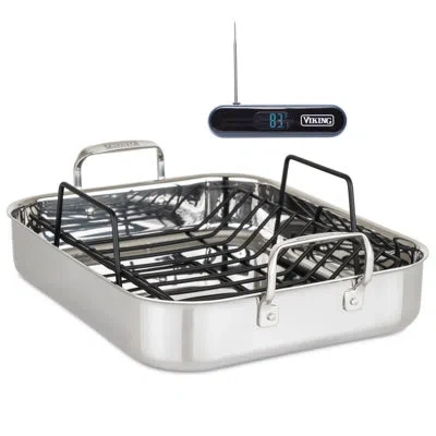 Viking 3 Ply Stainless Steel Roasting Pan With Rack And Thermometer Set
