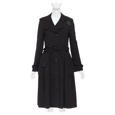 Pre-owned Viktor & Rolf Black Wool Twill Ruched Waist Gun Flap Long Trench Coat It38 Xs