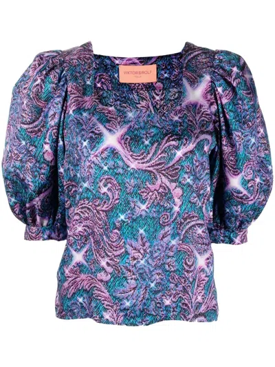 Viktor & Rolf Brocade-effect Print Puff-sleeve Blouse In Purple