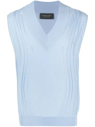 Viktor & Rolf Cable-knit V-neck Vest In Blue