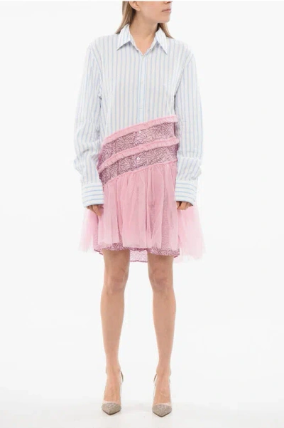 Viktor & Rolf Tulle Pinstriped Chemisier With Tulle Volant In Pink