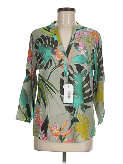 Pre-owned Vilagallo 3/4 Sleeve Silk Top Green Tropical Pattern V-neck Tops