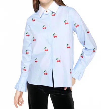 Vilagallo Alba Embroidered Cherry Button Front Blouse In Blue