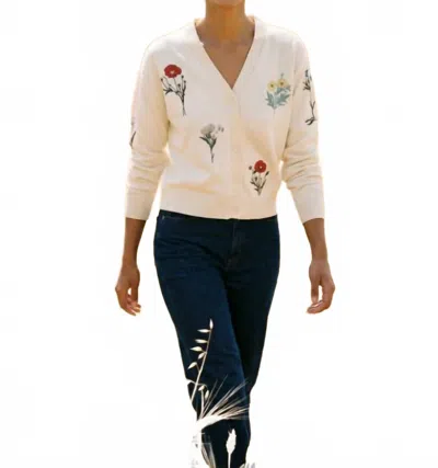 Vilagallo Alina Raw Embroidered Flowers Cardigan In Ecru In Pink