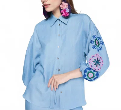 Vilagallo Button Down Embroidered Long Sleeve Blouse In Light Blue