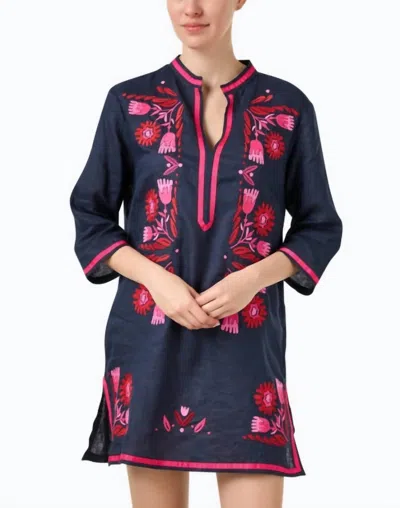 Vilagallo Embroidered Dilletta Dress In Lino Azul Marino