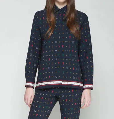 Vilagallo Equestrian Print Top In Deep Navy In Purple