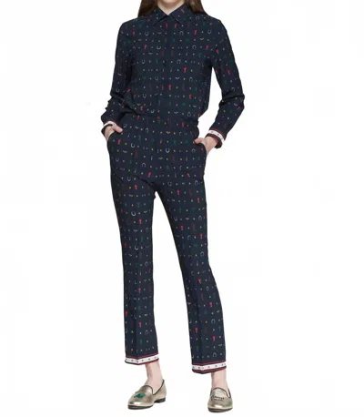 Vilagallo Equestrian Print Trouser In Navy In Blue