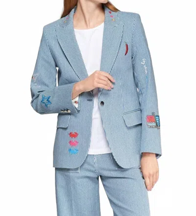 Vilagallo Heather Embroidered Denim Raya Jacket In Blue And White