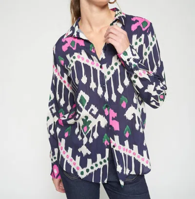 Vilagallo Ikat Long Sleeve Shirt In Navy/pink In Blue