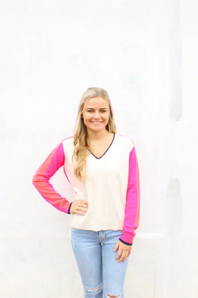 Vilagallo Knitwear V-neck Sweater In Ecru/pink/orange In Multi