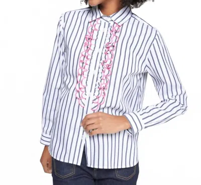 Vilagallo Lionetta Embroidered Top In Navy Stripe White