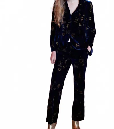 Vilagallo Martina Pant With Embroidery In Terciopelo Marino In Blue