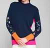 Vilagallo Perkins Turtleneck Embroidered Sweater In Navy & Pink/orange In Blue