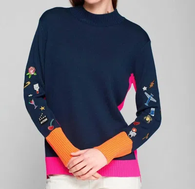 Vilagallo Perkins Turtleneck Embroidered Sweater In Navy & Pink/orange In Blue