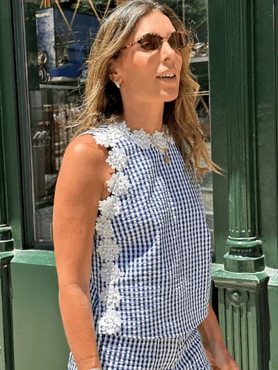 Vilagallo Plaid Embroidered Flowers Top In Navy In Blue