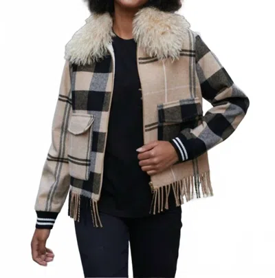 Vilagallo Plaid Zip Bomber Jacket In Camel Check Fringe In Multi