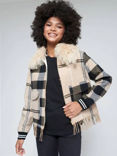 Vilagallo Plaid Zip-up Bomber Jacket In Tan Plaid In Multi