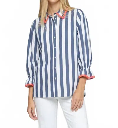 Vilagallo Raya Button Down In Navy Floral Trim In Multi