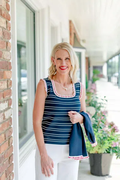 Vilagallo Ruffled Stripe Tank Top In Navy In Blue