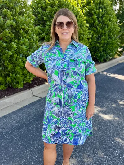 Vilagallo Short Sleeve Shirt Mini Dress In Blue Green Tropical Print