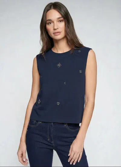 Vilagallo Sleeveless Embroidered Beaded Top In Navy In Blue