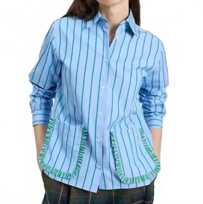 Vilagallo Striped Shirt With Ruffle Pockets In Blue / Green In Multi