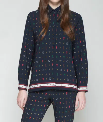 Vilagallo Tea Long Sleeve Shirt In Navy Equestrian Print In Blue