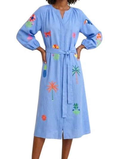 Vilagallo Tropical Embroidery Midi Dress In Lino Azul In Multi