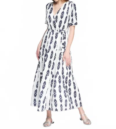 Vilagallo Vika Blanco Jacquard Dress In Navy Blue Ikat In White