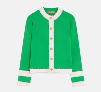 Vilagallo Women's Collarless Jacket With Fringe Trim In Green And White